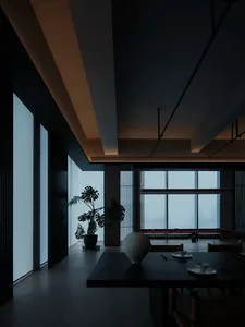 現代極簡室內，採用玻璃牆與混凝土元素。