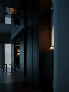 A modern residential interior space with wooden elements.