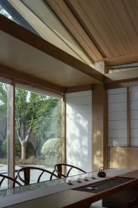Modern tea room with glass window and wooden beams