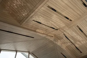 A modern ceiling with wooden paneling and integrated lighting fixtures.