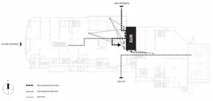 Detailed architectural blueprint of a building, showing floor layout and pathways.
