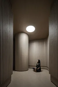 A minimalist living room with wooden walls and floors, featuring a woman sitting in a serene pose.
