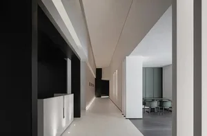 Modern, minimalist office corridor with polished concrete floors