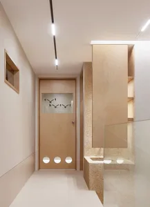 Modern minimalist office space featuring a minimalist design with wood elements.