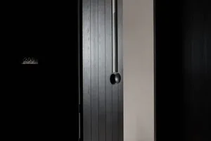 Modern black wooden door with a sleek, minimalist design featuring a glass window and a simple circular handle.