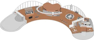 Modern exhibition space featuring a circular wooden stage, glass cases, and concrete flooring.