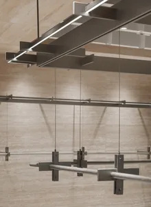 A modern industrial lighting structure with metal elements.
