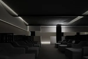 Modern seating arrangement with fabric upholstery in a contemporary interior space
