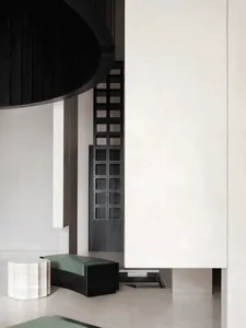 Modern living room designed with concrete and metal materials
