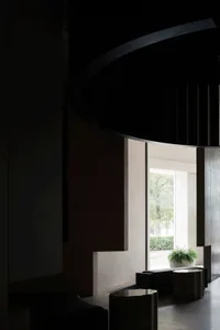 Modern lobby featuring metal seating arrangements