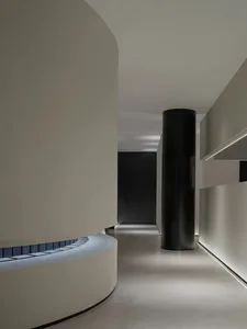 Modern minimalist corridor with curved walls and black cylindrical columns.
