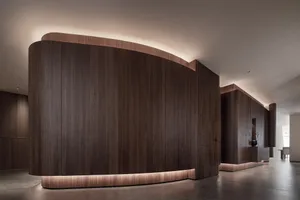Modern office lobby featuring curved wooden walls with integrated lighting.