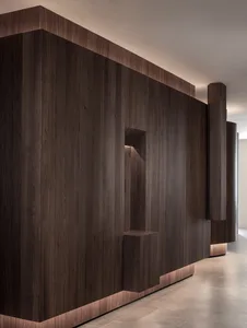 A modern interior design featuring wooden walls with hidden storage and elegant lighting