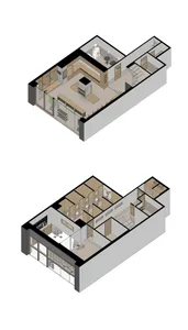Mixed-media architecture and interior design layout with various rooms and spaces.