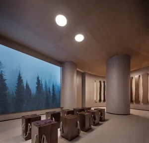Modern minimalist spa interior with wooden materials and cylindrical pillars.