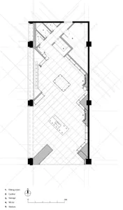 A technical 2D drawing of a modern retail shop layout, featuring fitting rooms, cashier, storage, mirrors, and shelves.