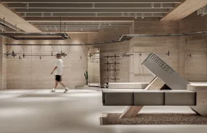 Modern designed space featuring minimalist design and concrete materials.