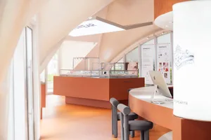 Modern jewelry store interior with wood finishes and display cases.