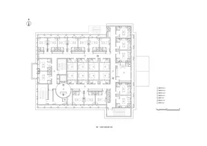 An architectural floor plan of a spa interior showing various rooms and sections.