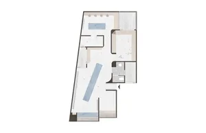 Modern architectural floor plan featuring a concrete floor and minimalist design elements.