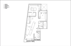 Floor plan of a modern retail interior featuring wood and concrete materials, with designated areas for different functions s