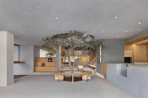 A modern lobby with a circular tree and concrete walls and floor.