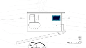 A modern floating house floor plan featuring glass walls and concrete elements.