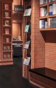 A modern bookstore with brick walls and shelves filled with books.