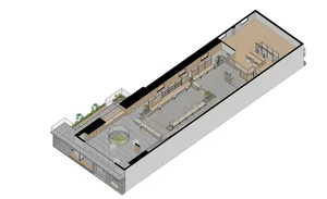 An overhead view of an industrial-style office space with a wooden floor plan showing various functional zones.