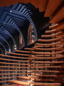 A modern library interior featuring wavy shelves and warm wooden lighting.