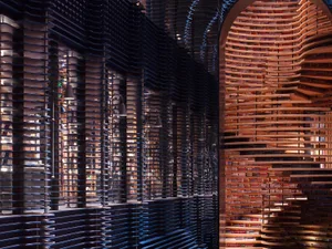 Modern library interior featuring wooden shelves filled with books and illuminated by warm light.