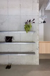 Closed-off room with a bare concrete wall, shelves holding a bag, plant, and a pair of shoes.