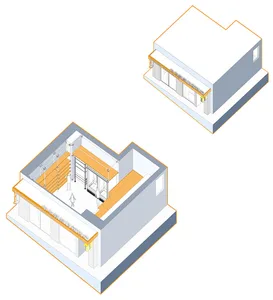 Isometric view of an industrial-inspired hotel reception area with a metal countertop and structural framework.