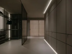 Modern luxury closet featuring sleek glass panels for a sophisticated and minimalist design aesthetic.