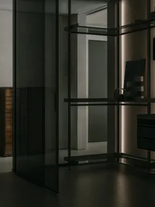 Modern minimalist interior with glass shelving system