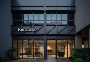 A modern storefront with glass and concrete materials.
