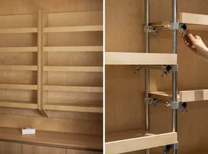 Modern shelving system with adjustable wooden shelves and metal supports, showcasing adjustable shelving functionality
