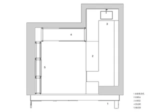 A technical drawing of a storefront with concrete, metal, and glass materials.
