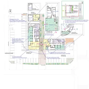 Detailed architectural plan of a hospital interior with various medical facilities and waiting areas.