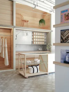 Modern retail store with minimalist design and wooden materials