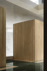 A modern lobby featuring minimalist design with wooden and marble walls, spacious layout, and natural light.