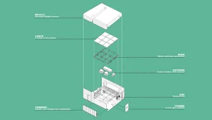 A detailed architectural diagram showcasing the components and layout of a modern interior design space using steel, glass, a