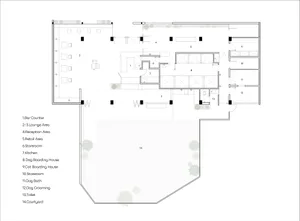 Floor plan of a commercial space showing various functional zones and facilities.