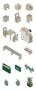 Various industrial-style furniture items, including tables, chairs, cabinets, and planters, made of wood and metal.