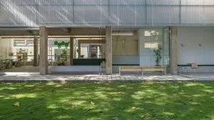 A minimalist cafe interior with concrete walls and floor, featuring industrial lighting and greenery.