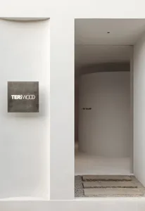 A modern, minimalist interior space with a concrete wall and a curved, white doorway.
