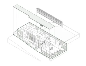 一張詳細的現代辦公室2D建築圖，展現裸露混凝土與玻璃元素。