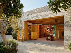 Modern retail shop with wooden features and minimalist design.