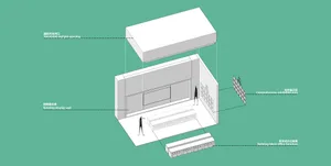 A 3D architectural rendering of an office space featuring a display wall, comprehensive exhibition area, and building block o