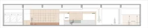Shopping center interior featuring wood paneling walls and floors, with a designated area for pets and coffee.